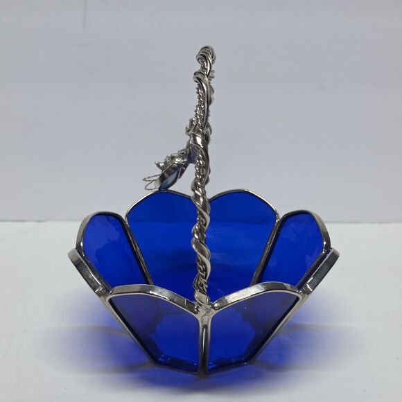Heavy Glass Cobalt Blue Basket Cut Glass Cobalt Blue - Etsy Vintage Stained Glass Cobalt Blue Basket Candy Dish Bowl Cupid Accent Art Deco
